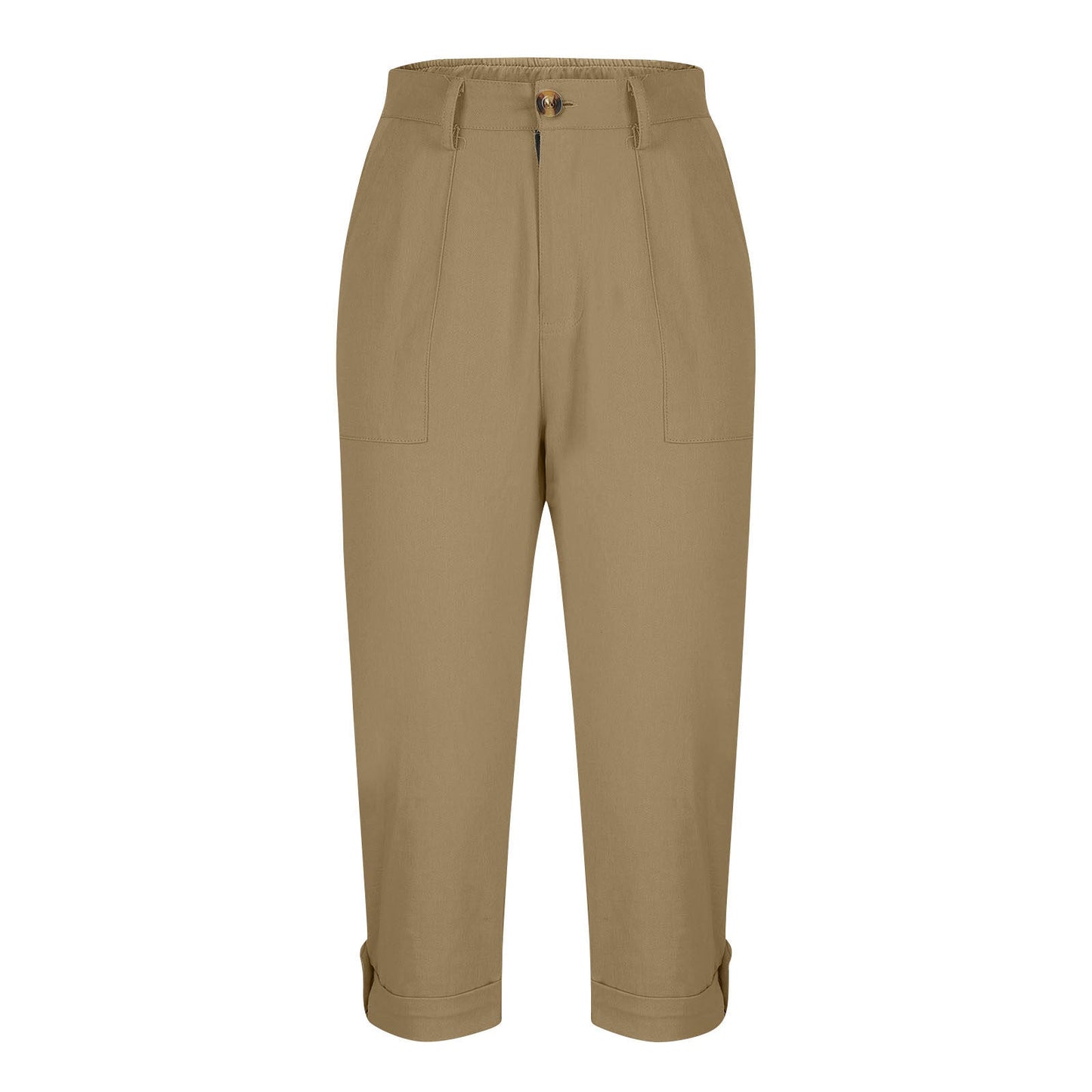 Cross-border Women's Solid Color Workwear Pants Waist Button Pants Ear Design Pants Leg Curled Women's Cropped Pants