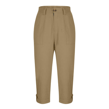 Cross-border Women's Solid Color Workwear Pants Waist Button Pants Ear Design Pants Leg Curled Women's Cropped Pants