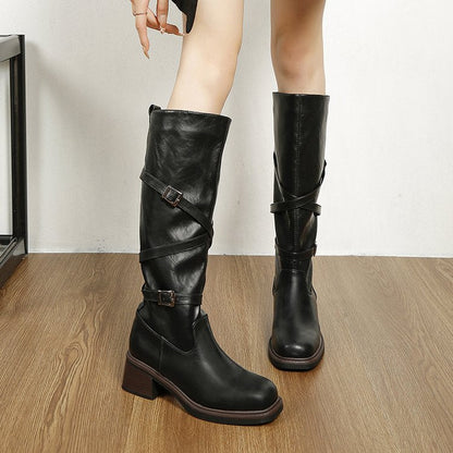 Women's Platform Cross Buckle Knee-High Boots, Ruched Chunky Heel Tall Knight Boots