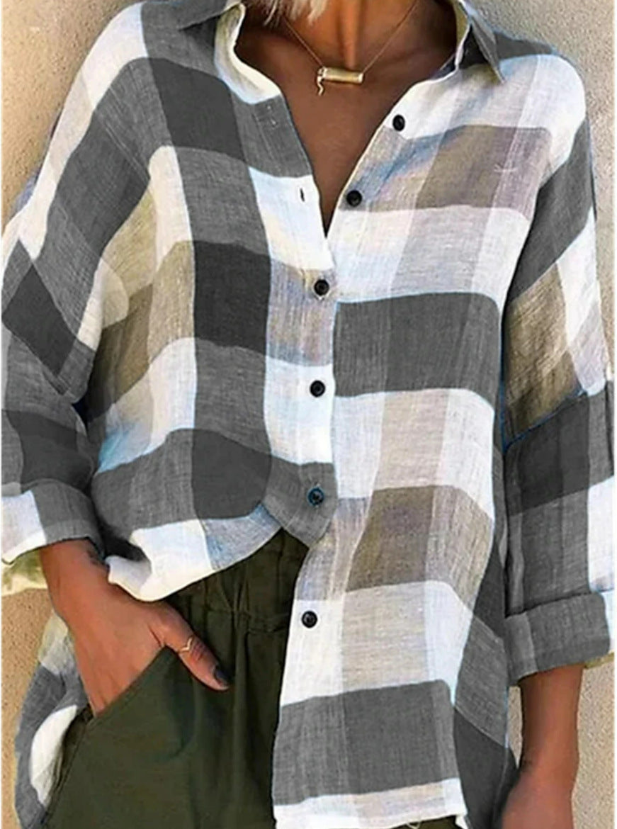 2025 New European And American Cross-Border Amazon Lapel Casual Commuting Long-Sleeved Plaid Printed Shirt