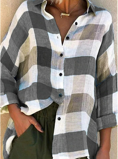 2025 New European And American Cross-Border Amazon Lapel Casual Commuting Long-Sleeved Plaid Printed Shirt
