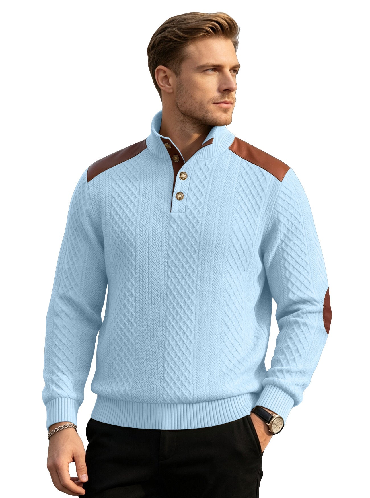 Cross-border Men's American Textured Jacquard Collared Knit Sweater With Shoulder Patchwork Loose Long-sleeve Pullover Sweatshirt