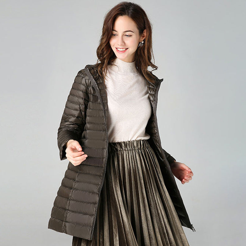 Lightweight Mid-length White Duck Down Slim-fit Winter Hooded Coat