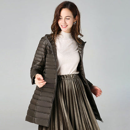 Lightweight Mid-length White Duck Down Slim-fit Winter Hooded Coat