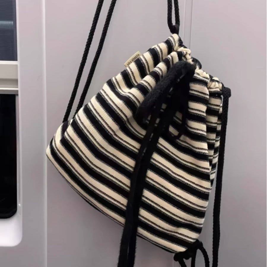 Fashion Black White Striped Drawstring Backpack Ins Lazy Style Large Capacity Canvas Bags Women Cute Campus Schoolbag For Girls