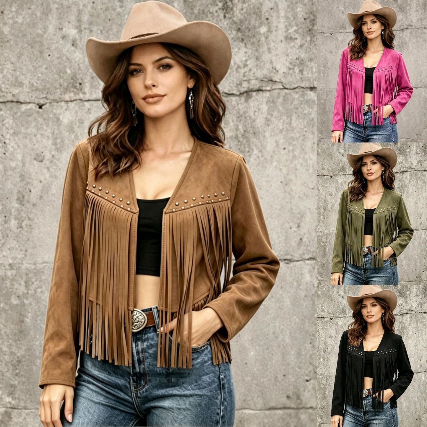 Womens Solid-Color Rivet-Embellished Long-Sleeve Cardigan Coat