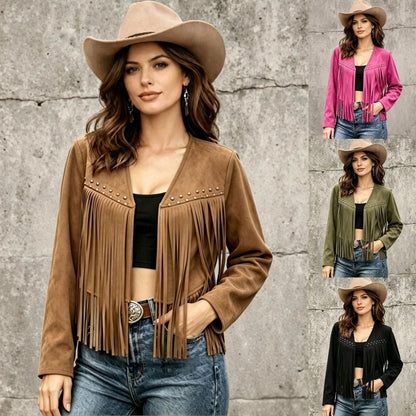 Womens Solid-Color Rivet-Embellished Long-Sleeve Cardigan Coat