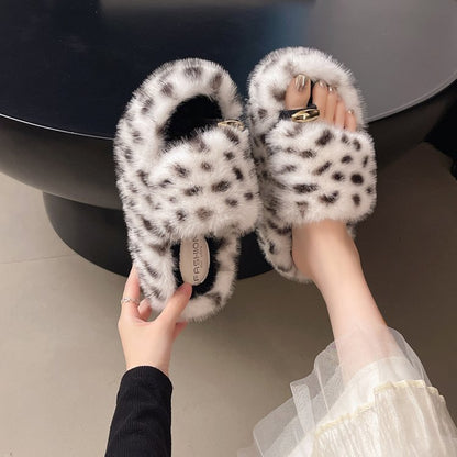 Hairy Slippers With Fashionable Leopard Print Toes For Home And Outdoor Wear, Warm Fur Slippers