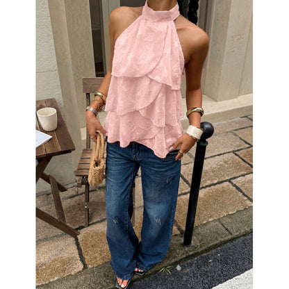 Elegant Solid-color Halter Top With Ruffled Trim For Women