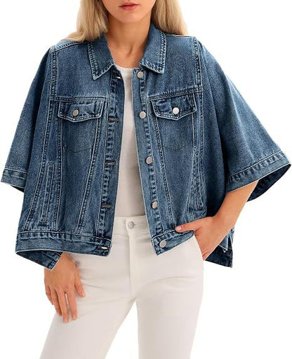 Autumn Womens Batwing-Sleeve Loose Denim Jacket