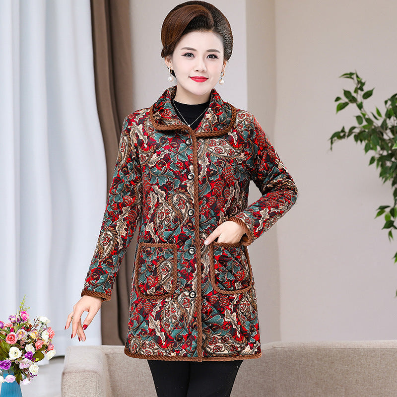 Womens Fashionable Floral-print Warm Plus-size Cotton Coat