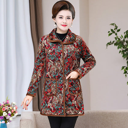 Womens Fashionable Floral-print Warm Plus-size Cotton Coat