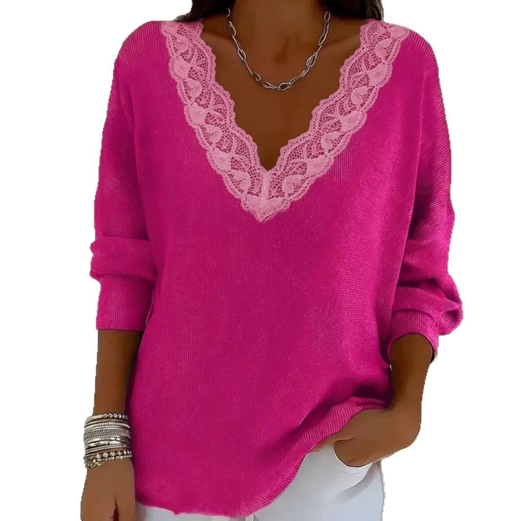 Women Casual Knitted Pullover Tops Lace Trim V Neck Long Sleeve Loose Fit Solid Color Blouse Shirts
