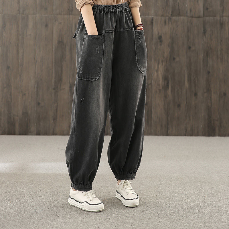 Plus-size Straight-leg Denim Cropped Pants Womens Korean-style Loose Fit