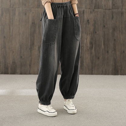 Plus-size Straight-leg Denim Cropped Pants Womens Korean-style Loose Fit