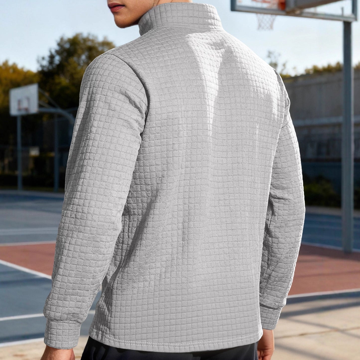 Business-casual Mens Loose-fit Jacquard Crew-neck Half-zip Hoodie With Small Square Patterns