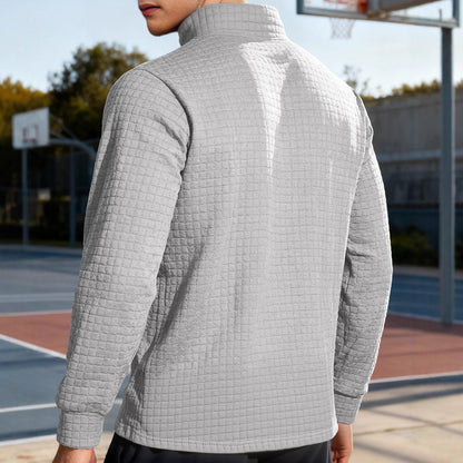 Business-casual Mens Loose-fit Jacquard Crew-neck Half-zip Hoodie With Small Square Patterns