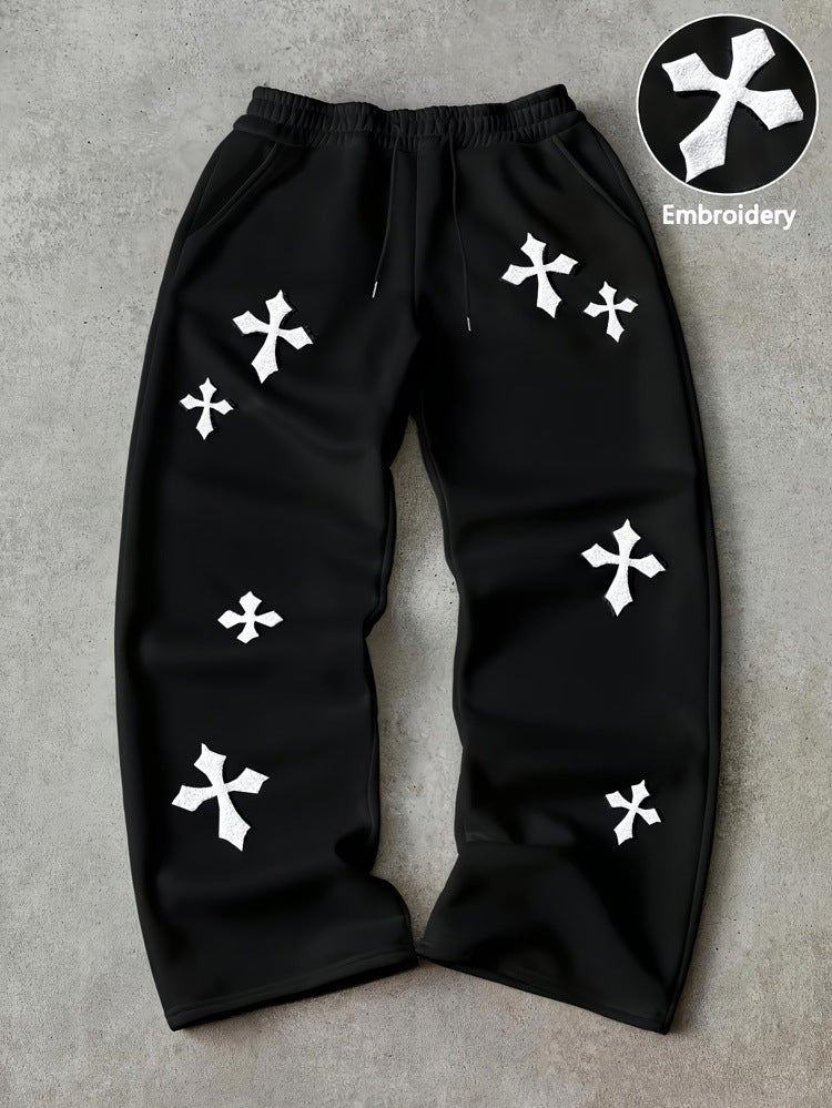 Embroidered Cross-Design Thickened Sweatpants For Men