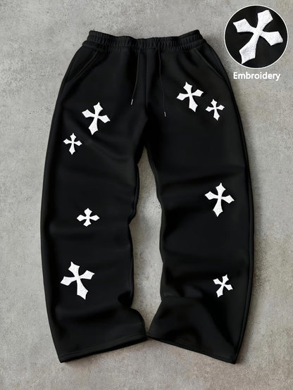 Embroidered Cross-Design Thickened Sweatpants For Men