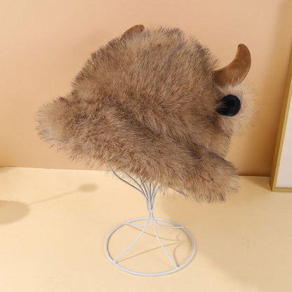 Halloween Cute Cowhorn-shaped Small-ear Plush Fisherman Hat With Stars - Versatile And Thick Outdoor Warm Fleece Hat