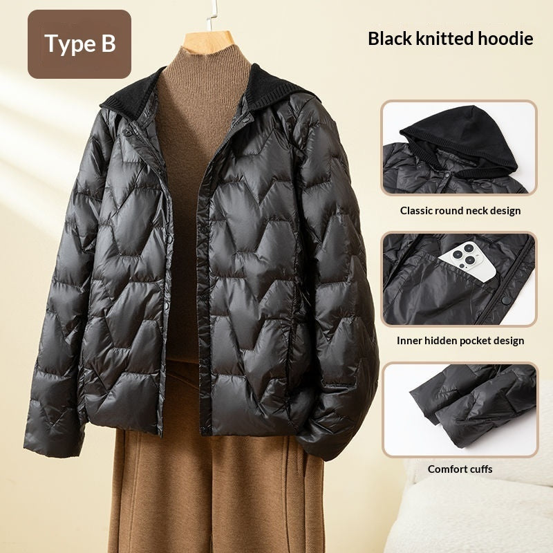 Womens Cropped Knit Beanie And Trendy V-neck Loose Down Jacket