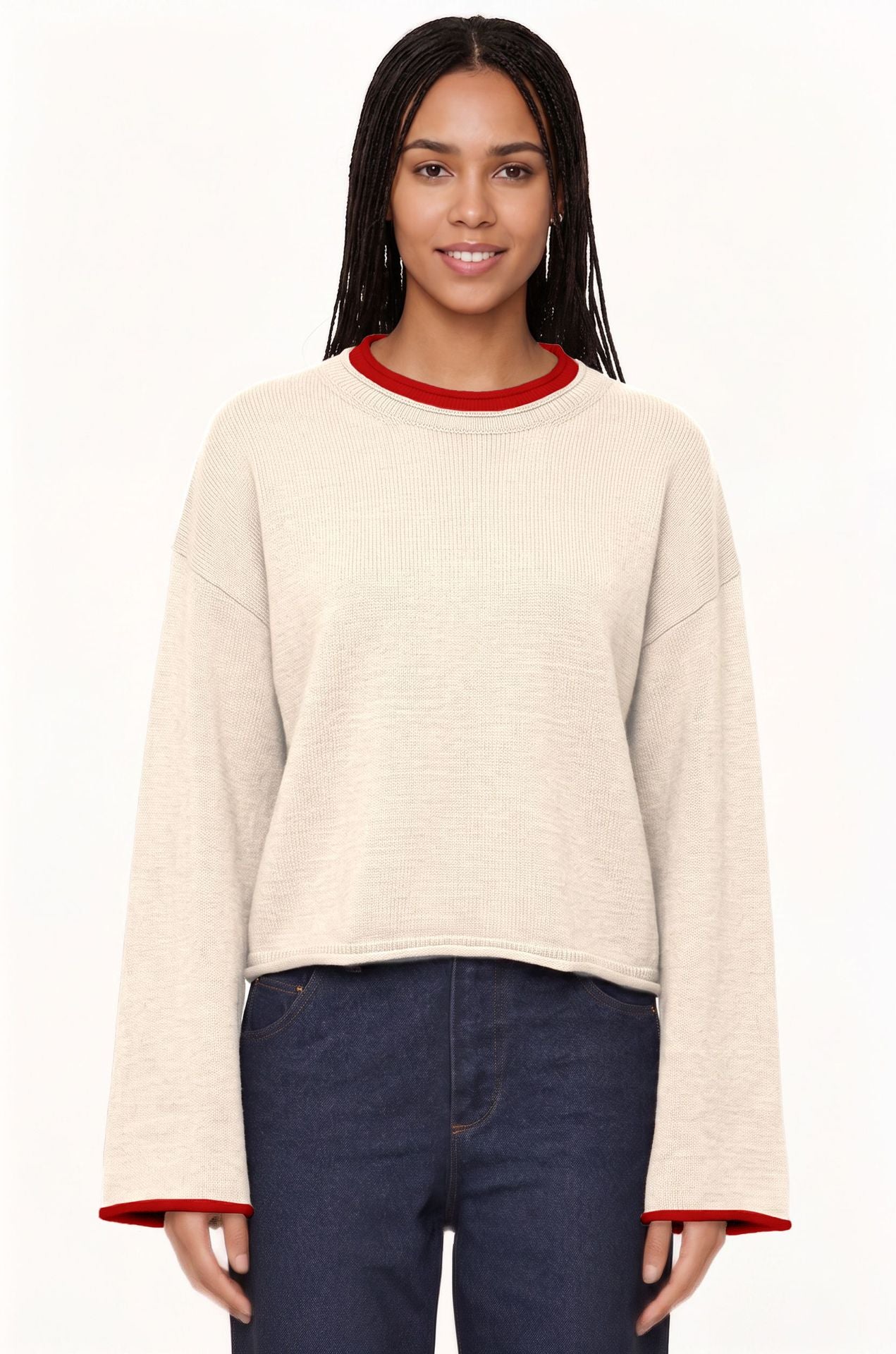 Womens Pullover Sweater Loose-Fit Round-Neck Casual Knit Top