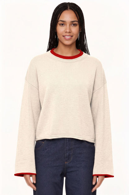 Womens Pullover Sweater Loose-Fit Round-Neck Casual Knit Top
