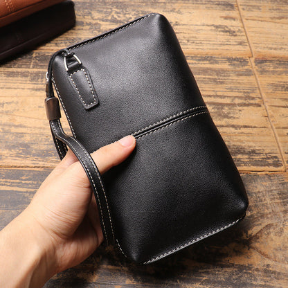 New Mens Genuine Leather Clutch, Soft Leather Long Wallet With Zipper