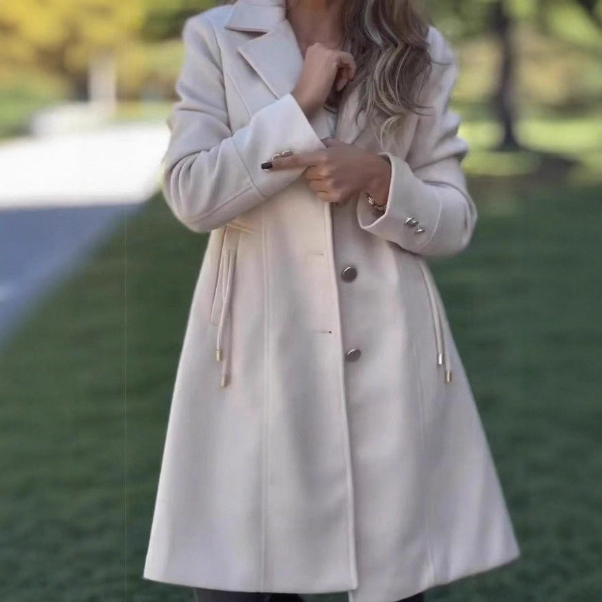 Womens Fashion Solid-color Mid-length Wool Coat With Drawstring And Pockets