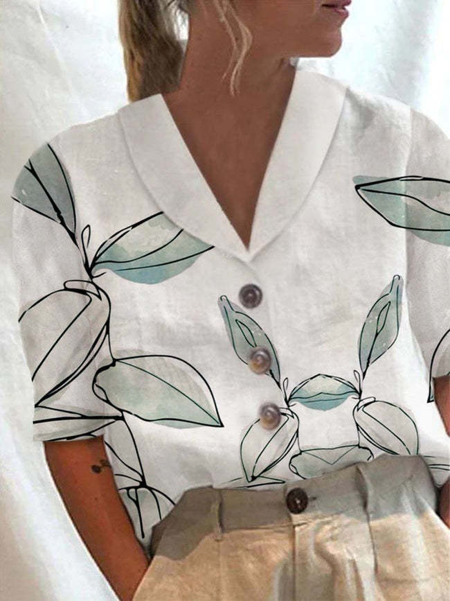 Women's Stand Collar Printed Cotton-Linen Shirt