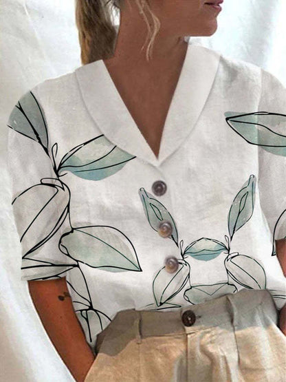 Women's Stand Collar Printed Cotton-Linen Shirt