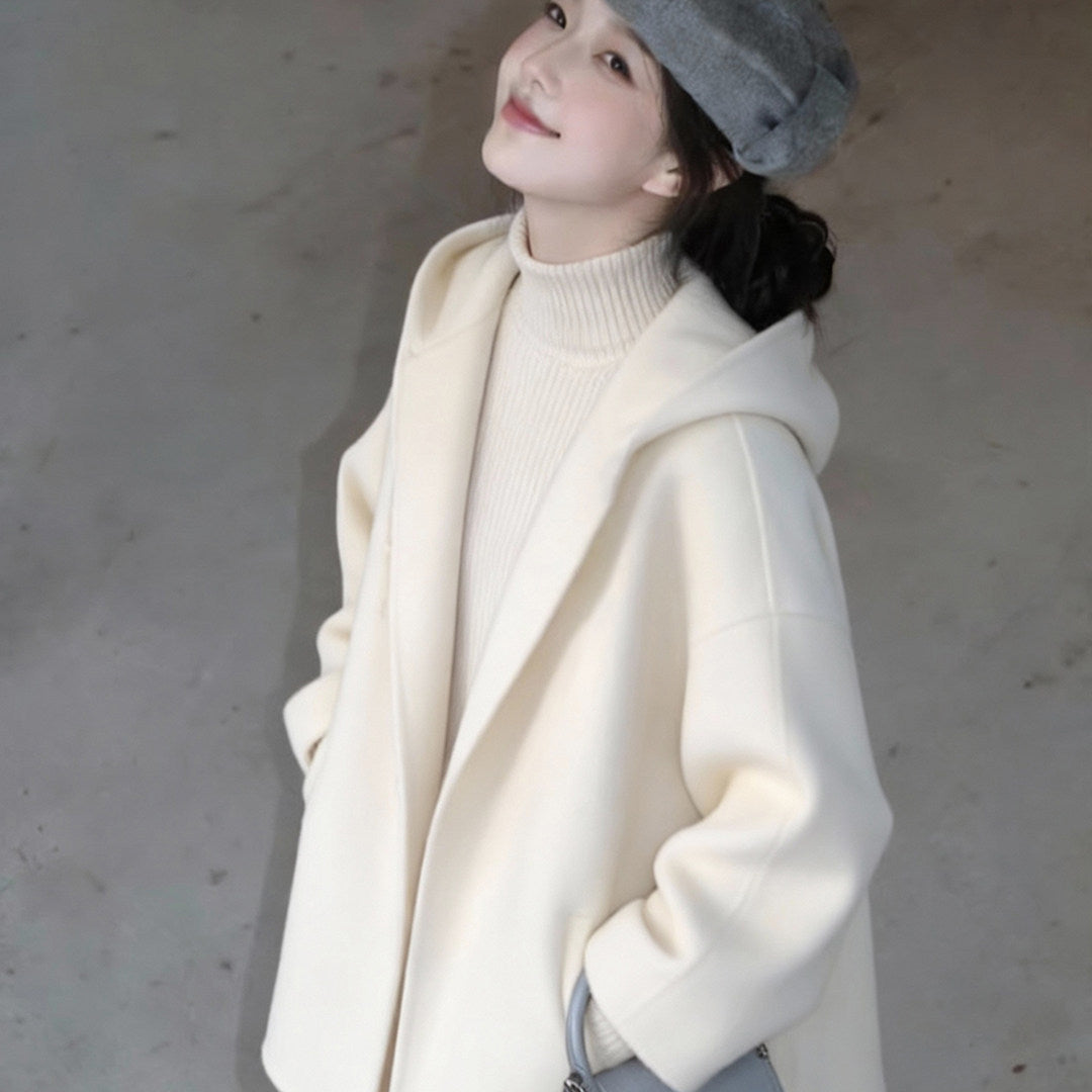 Womens White Hooded Double-Faced Wool Coat