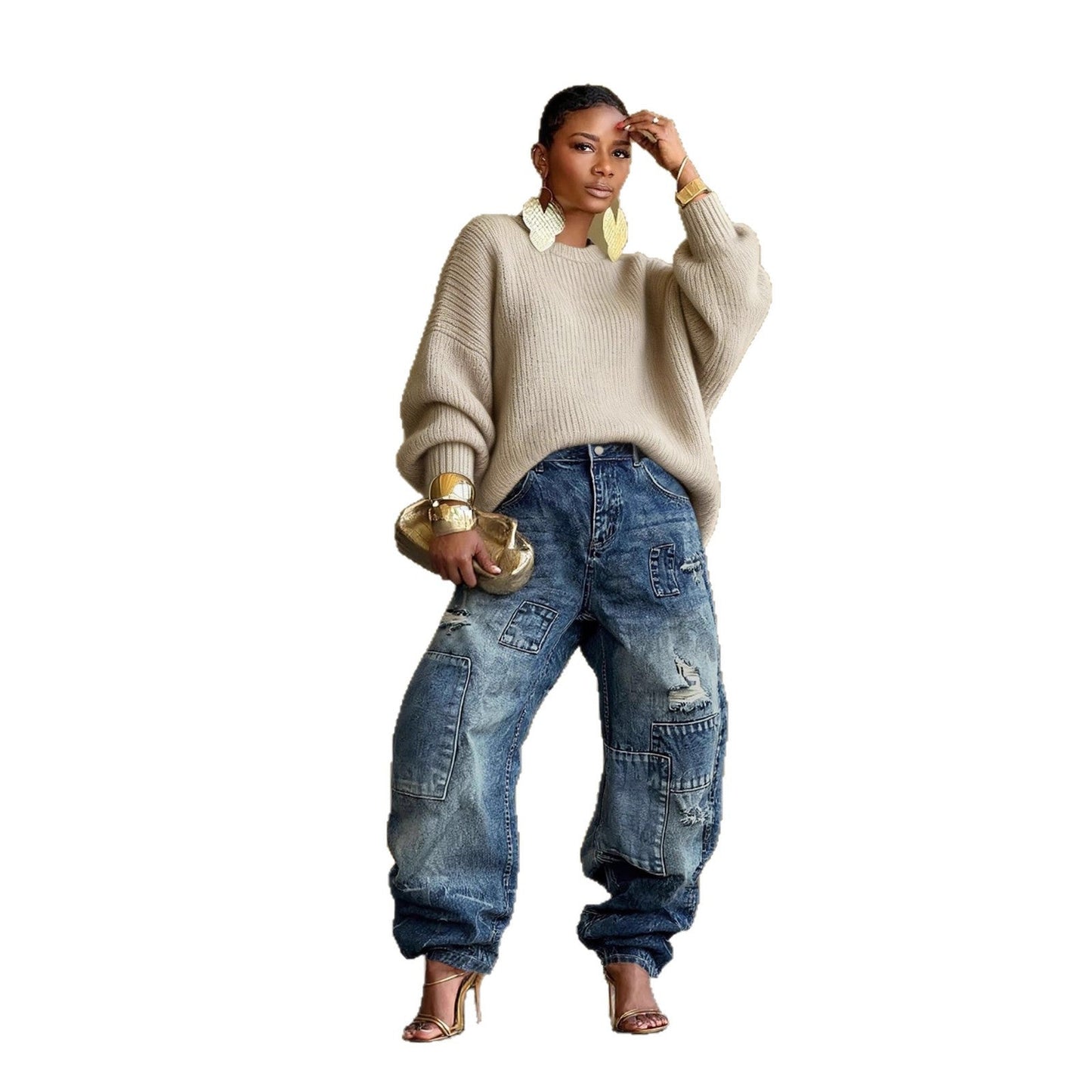 New-style Distressed Patchwork Washed Denim Jeans