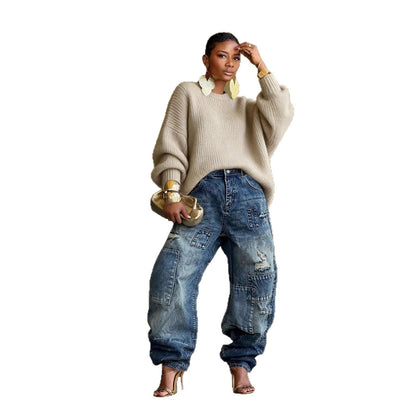 New-style Distressed Patchwork Washed Denim Jeans