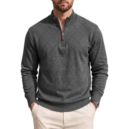 Mens Diamond-Check Half-Zip Long-Sleeve Casual Sweatshirt