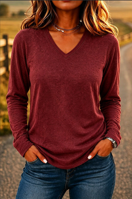 Leisure Pullover V-neck Solid Color Loose Long Sleeves T-shirt