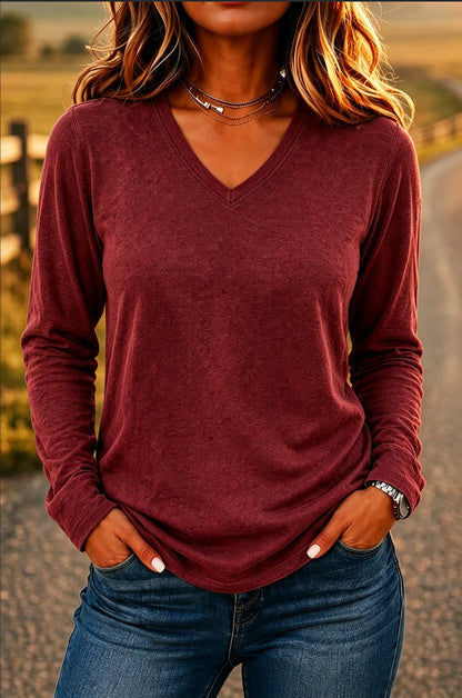 Leisure Pullover V-neck Solid Color Loose Long Sleeves T-shirt