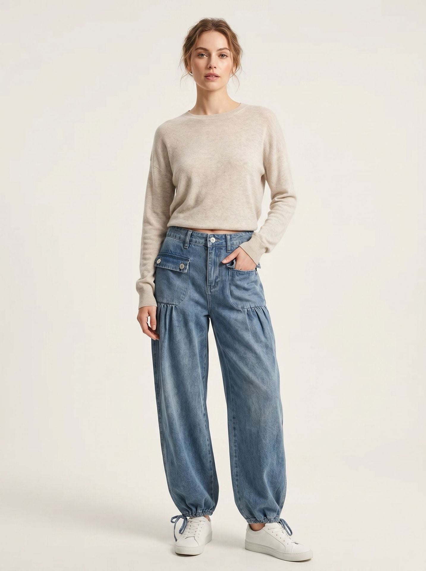 Loose-fit Womens Wide-leg Denim Jeans With Pockets And Ruffled Hems