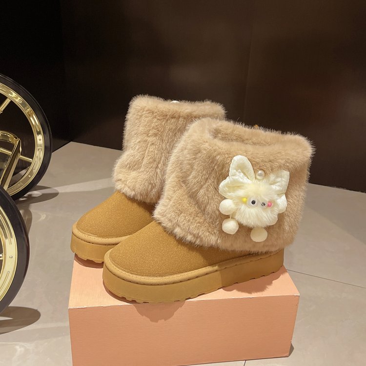 Women's Euro-American Style Platform Snow Boots, Plus Size Winter Fleece Lined Fur Trim Versatile Cotton Boots