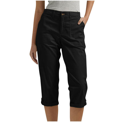 Cross-border Women's Solid Color Workwear Pants Waist Button Pants Ear Design Pants Leg Curled Women's Cropped Pants