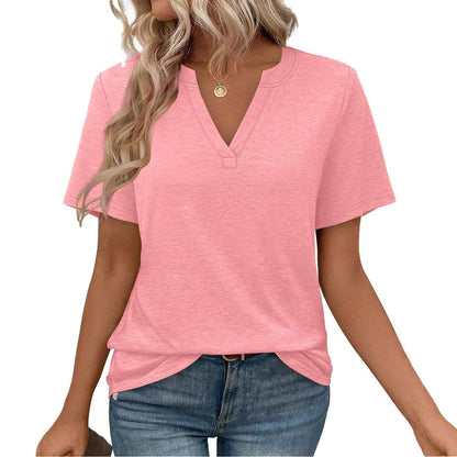 Summer Casual Deep V-Neck Solid Color T-Shirt  Slim Fit Short Sleeve Top, Comfortable & Versatile