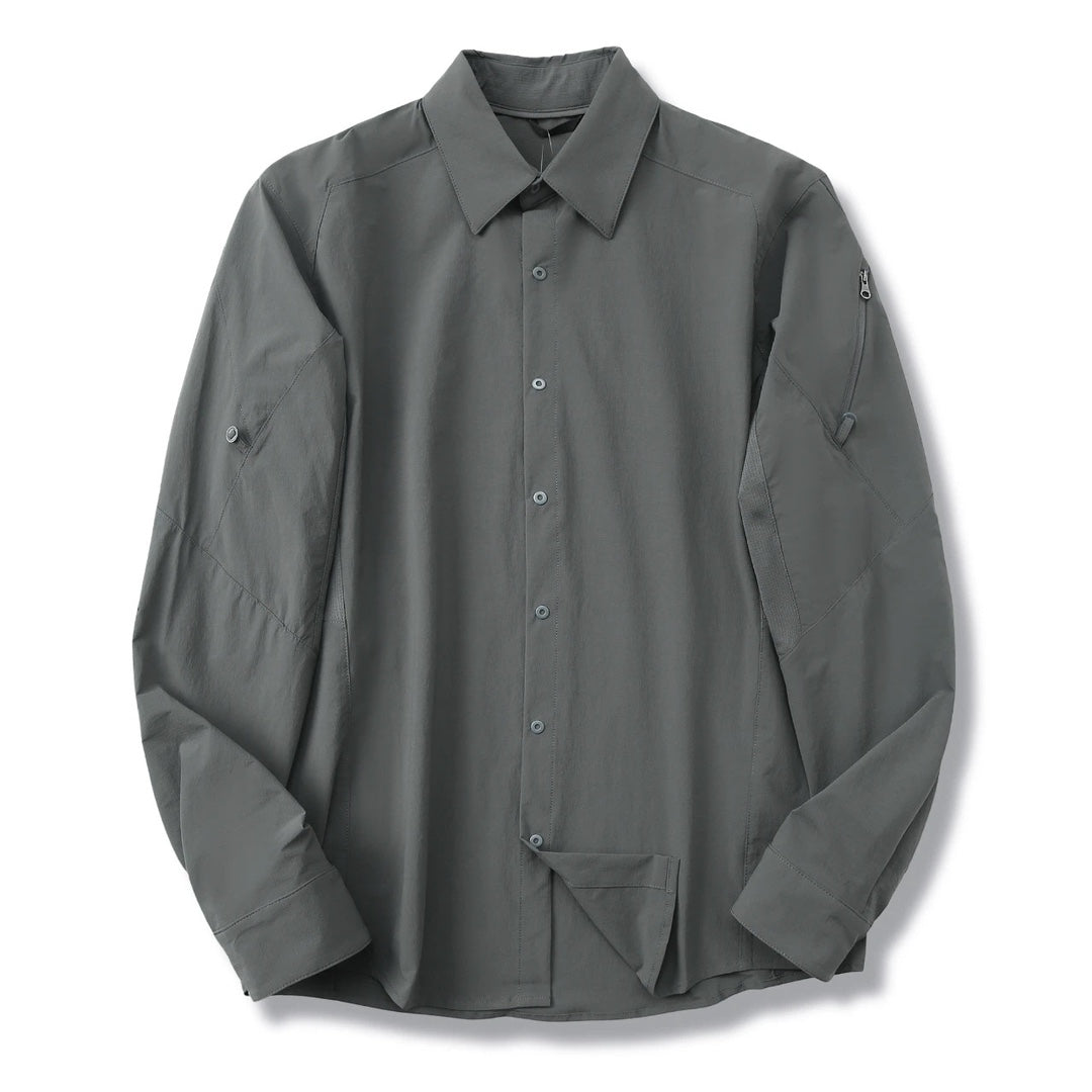 Men Technical Outdoor Quick Dry Long Sleeve Shirt Ventilated Underarm Mesh Zipper Sleeve Pocket Convertible Sleeve Travel Trekking Casual Shirt