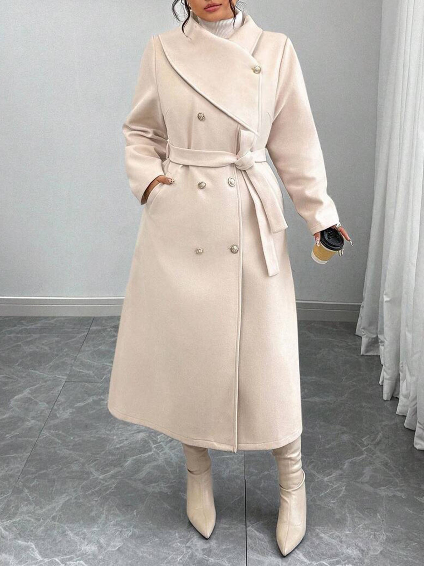 New Winter Womens Double-breasted Wool Coat With An Asymmetrical Collar