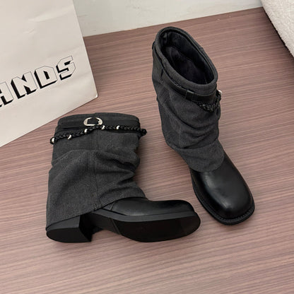 Vintage Style Block Heel Pleated Pants Tube Boots Womens 2026 Autumn New Arrival Trendy Fashion Boots Martin Boots Slouchy Ankle Boots