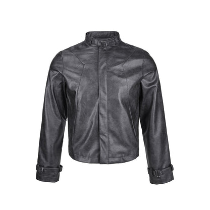 Distressed Leather Off-shoulder Short Jacket