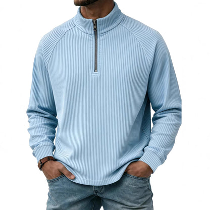 Mens Vertical-Striped Zip-Up Stand-Collar Long-Sleeve Polo Shirt