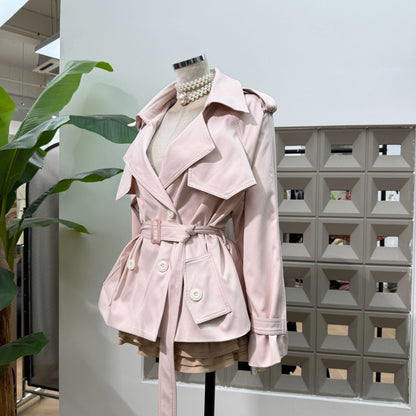 Pink Casual Sweet-and-cool Trench Coat With A Turn-down Collar Double-breasted Front And A Fitted Waist