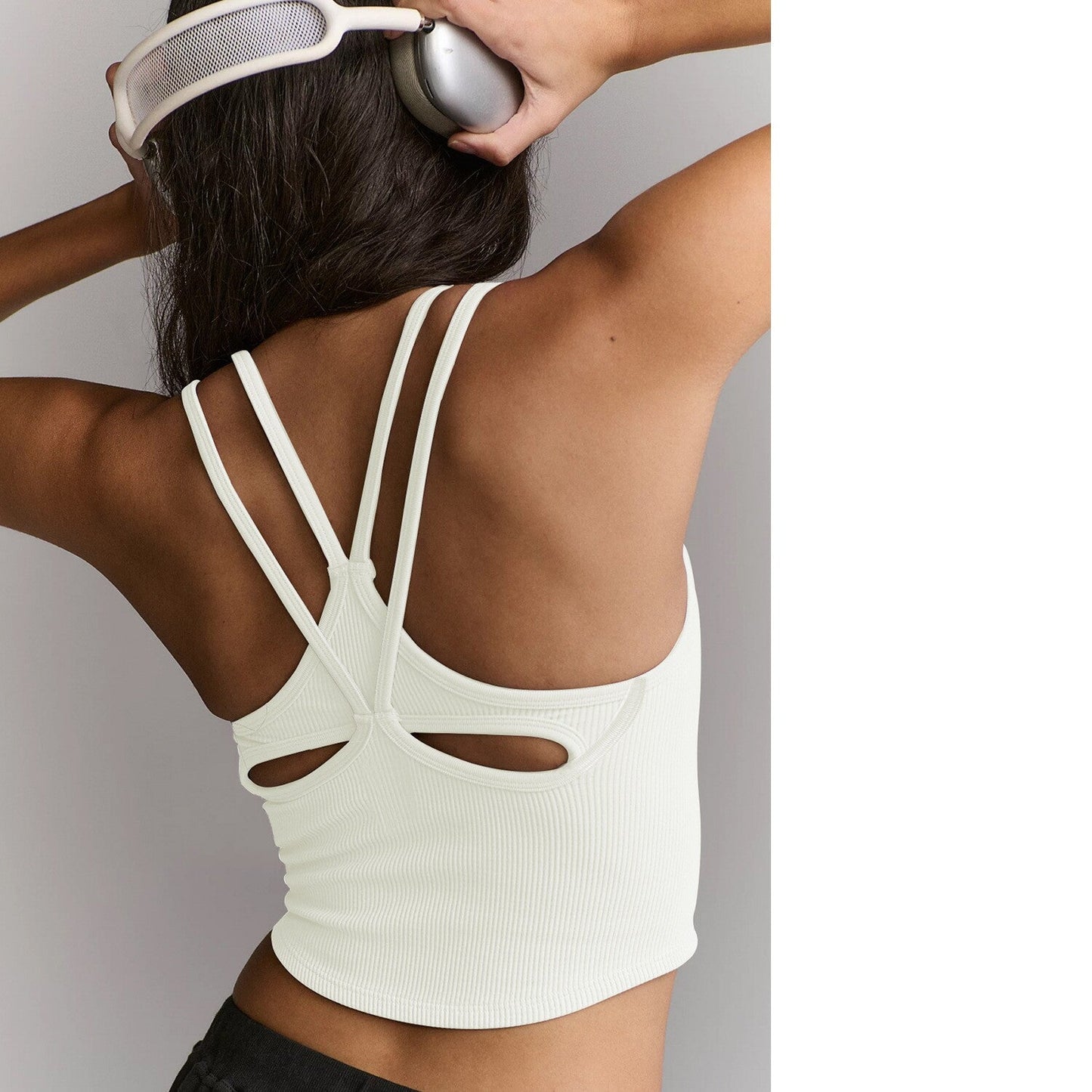 Women's Sleeveless Fashionable Unique Sports Casual Thin Strap Hollow Back Crop Backless Tank Top With Built-in Bra Pads