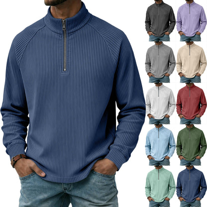 Mens Vertical-Striped Zip-Up Stand-Collar Long-Sleeve Polo Shirt