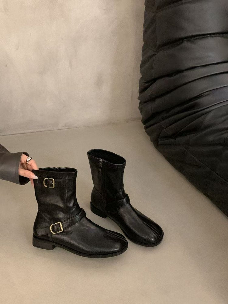 Women's Retro British Style Belt Buckle Martin Boots, New 2026 Autumn & Winter Niche Design Fake Split Toe Slim-Fit Boots